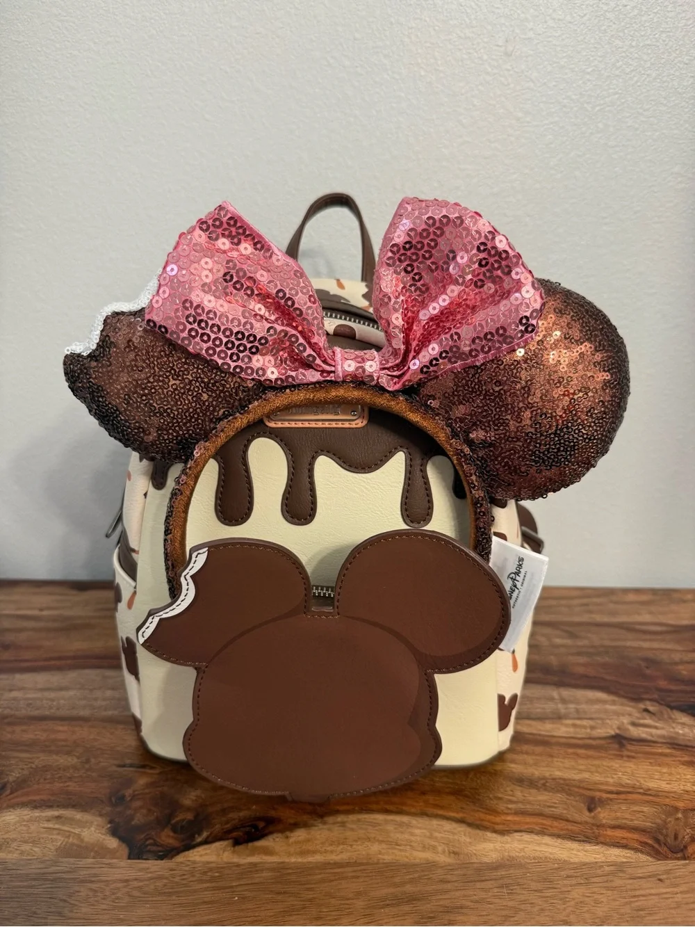 Loungefly Brown Cream Chocolate Drip Mini Backpack with Pink Sequin Bow Ears